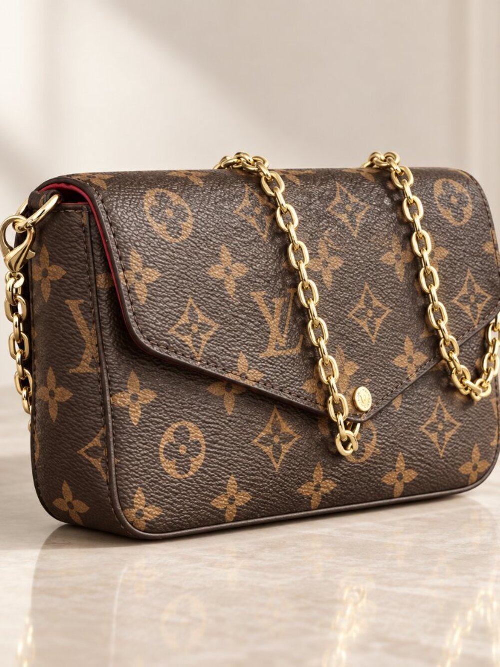 Brown Monogram Chain Shoulder Bag Gold Hardware Red Interior